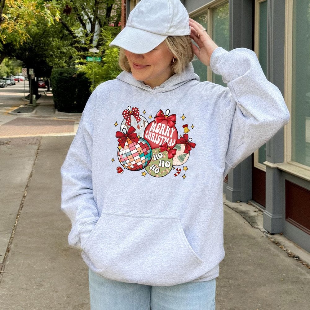 Disco Ball Bow Graphic Sweatshirt, Retro Christmas Ornaments Hoodie, Trendy Holiday Pullover, Pink Christmas Season Hooded To