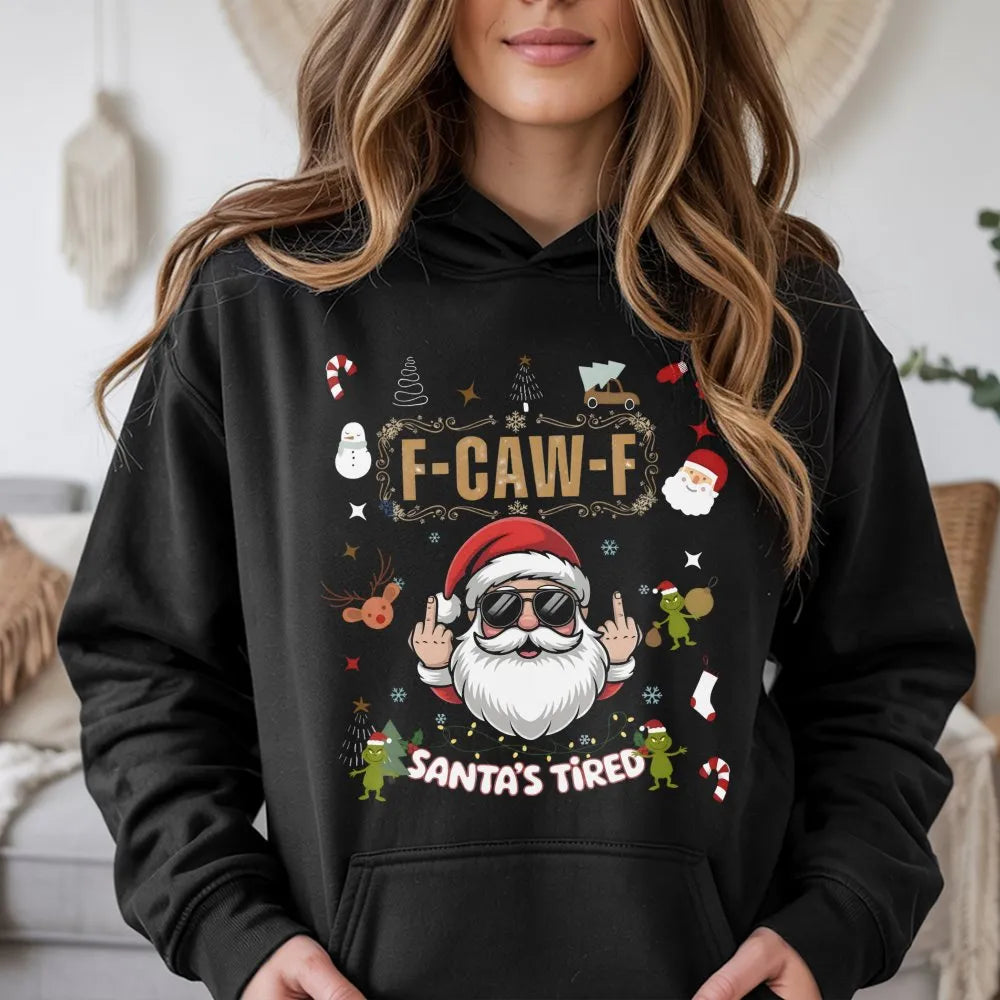 Humorous Middle Finger Christmas Hoodie, Santa's Tired Hoodie, Sarcastic Xmas Hooded Sweatshirt, Holiday Graphic Hoodie, Adul