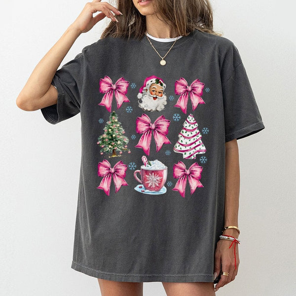 Aesthetic Bow Coquette Xmas Shirt, Pink Santa Christmas T-Shirt, Adorable Girly Holiday Graphic Tee, Retro Pastel Santa Top, 