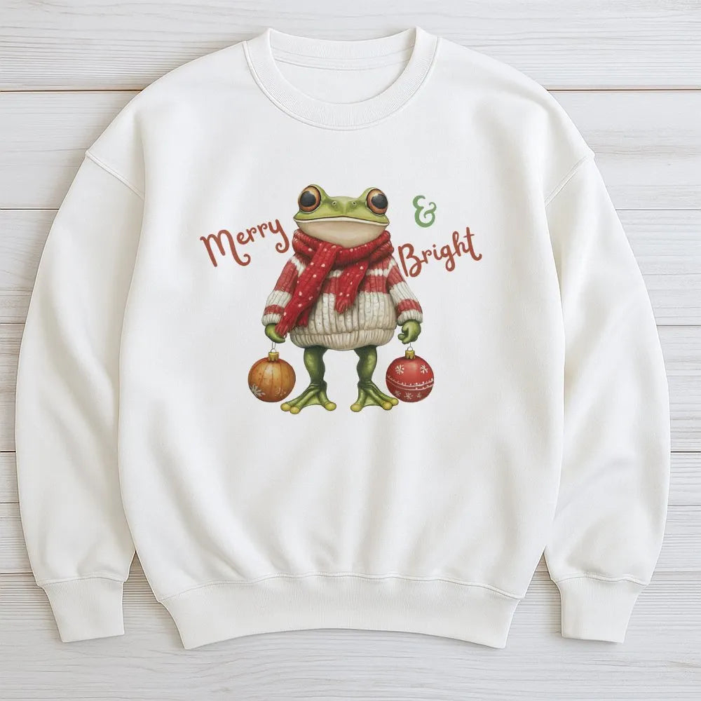 Humorous Christmas Frog Crewneck, Merry and Bright Frog Sweatshirt, Adorable Holiday Animal Sweater, Winter Frog Lover Pullov