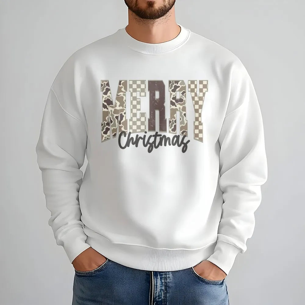 Checkered Holiday Lettering Crewneck, Merry Christmas Camo Sweatshirt, Southern Country Hunter Xmas Sweater, Winter Holiday P