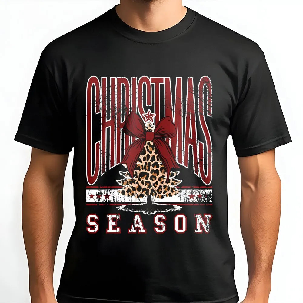 Holiday Bow Graphic Tee, Leopard Print Christmas Tree T-Shirt, Adorable Christmas Season Shirt, Festive Winter Tee, Holiday P