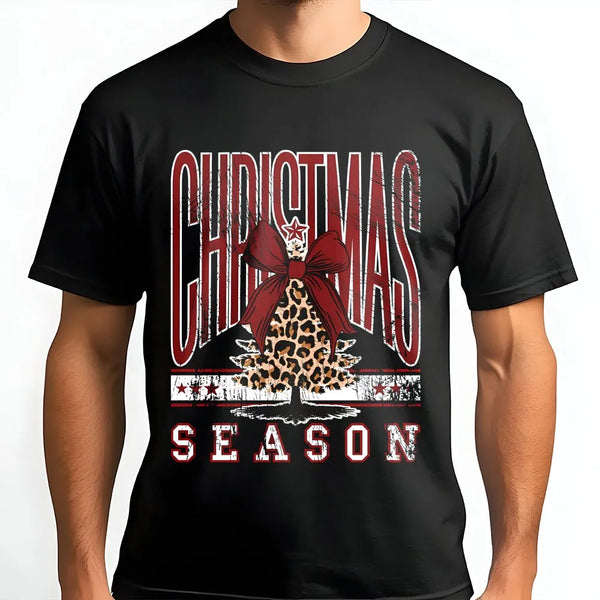 Holiday Bow Graphic Tee, Leopard Print Christmas Tree T-Shirt, Adorable Christmas Season Shirt, Festive Winter Tee, Holiday P