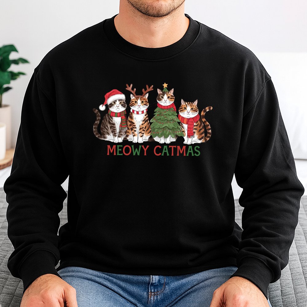 Humorous Christmas Cat Graphic Crewneck, Meowy Catmas Sweatshirt, Adorable Holiday Kitten Pullover, Festive Xmas Cat Lover Ug
