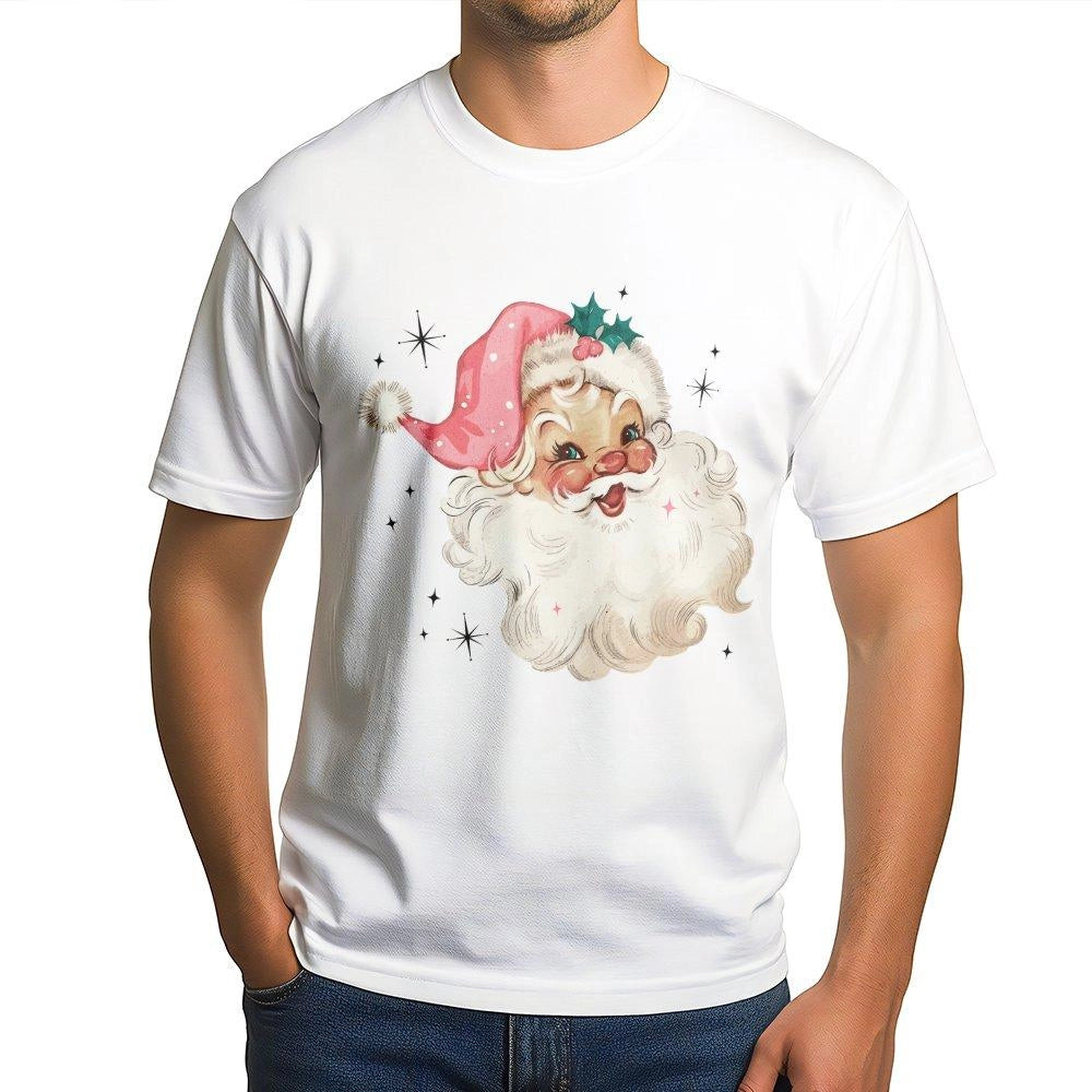 Pink Hat Vintage Christmas T-Shirt, Retro Santa T-Shirt, Festive Holiday Graphic Shirt, Adorable Xmas Santa Tee, Holiday Seas