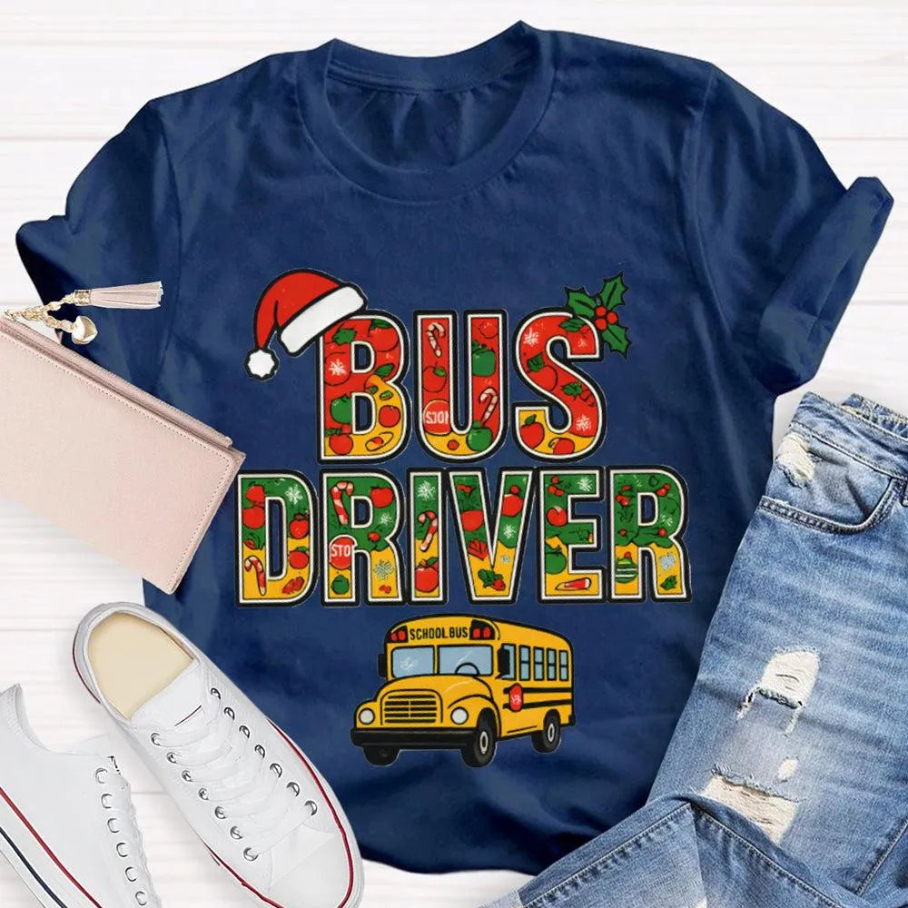 Santa Hat Bus Driver Graphic Tee, School Bus Driver Christmas T-Shirt, Humorous Holiday Driver Shirt, Transportation Staff Xm