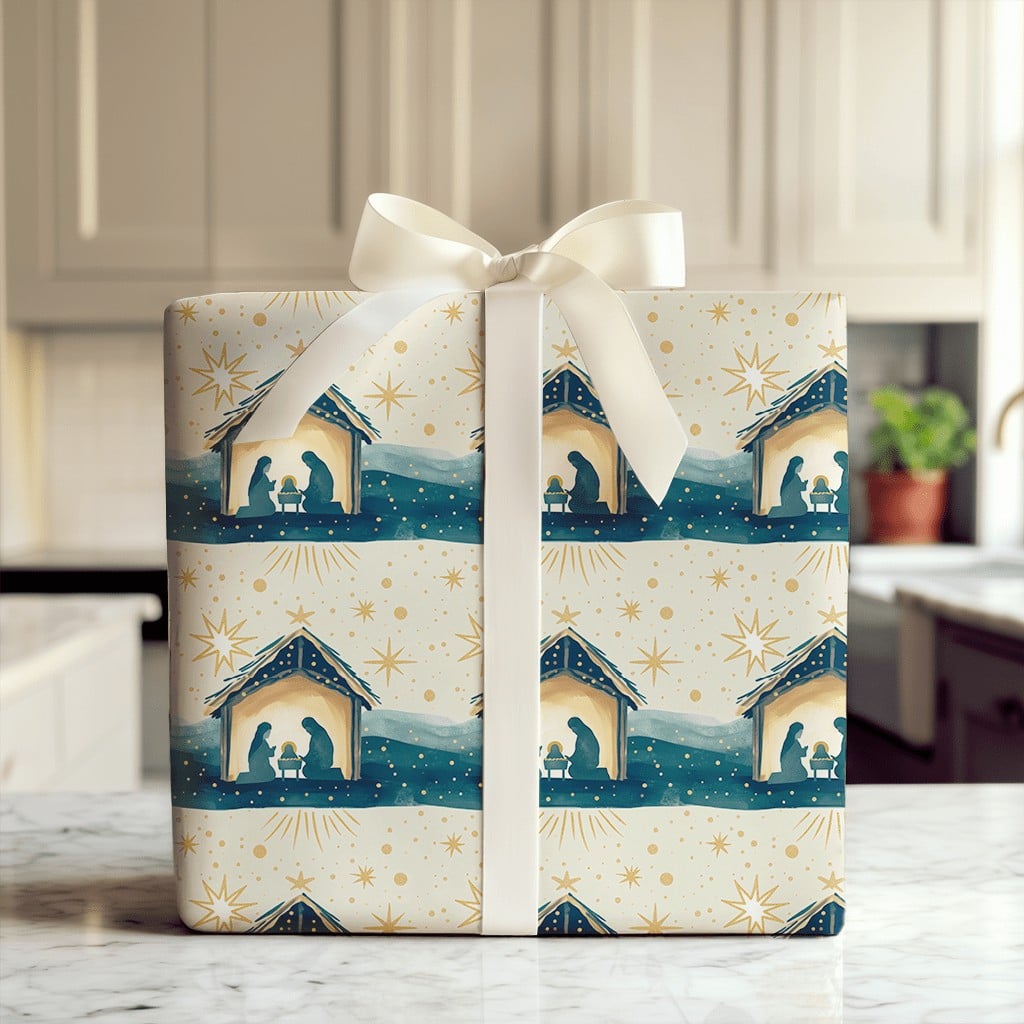 Holy Family Manger Gift Wrap, Nativity Scene Christmas Wrapping Paper, Starry Night Religious Holiday Wrapping Paper, Christi
