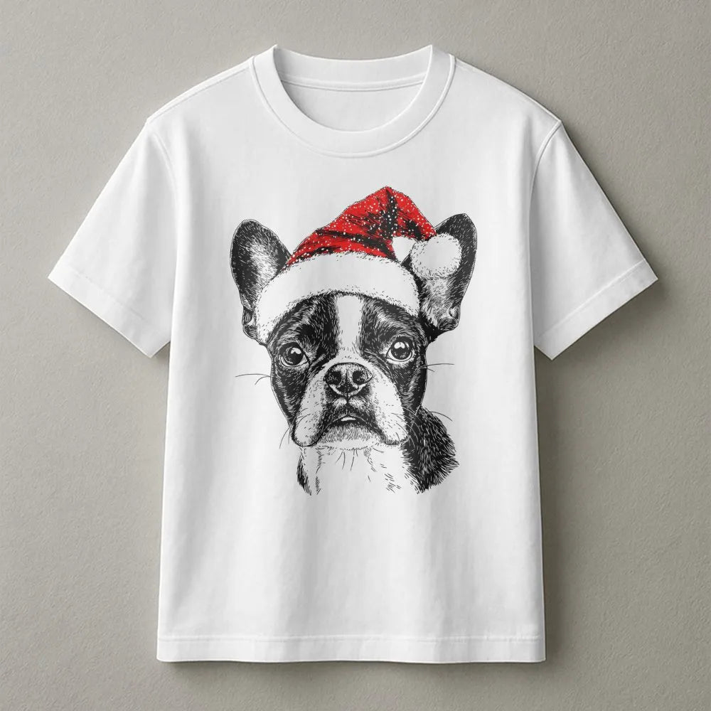 Santa Hat Frenchie Shirt, Boston Terrier Christmas T-Shirt, Adorable Holiday Dog Graphic Tee, Festive Puppy T-Shirt, Xmas Pre