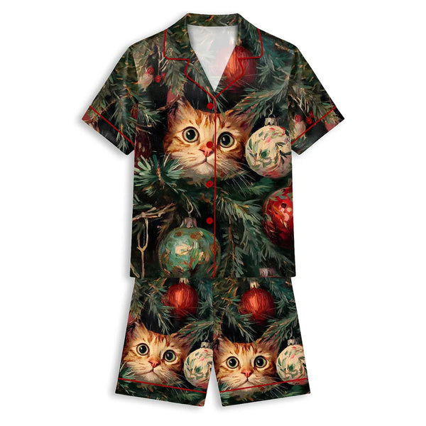 Holiday Kitten Short Sleeve Button Up PJ Top and Shorts, Christmas Cat Satin Pajama Set, Festive Silky Sleepwear, Cat Lover X