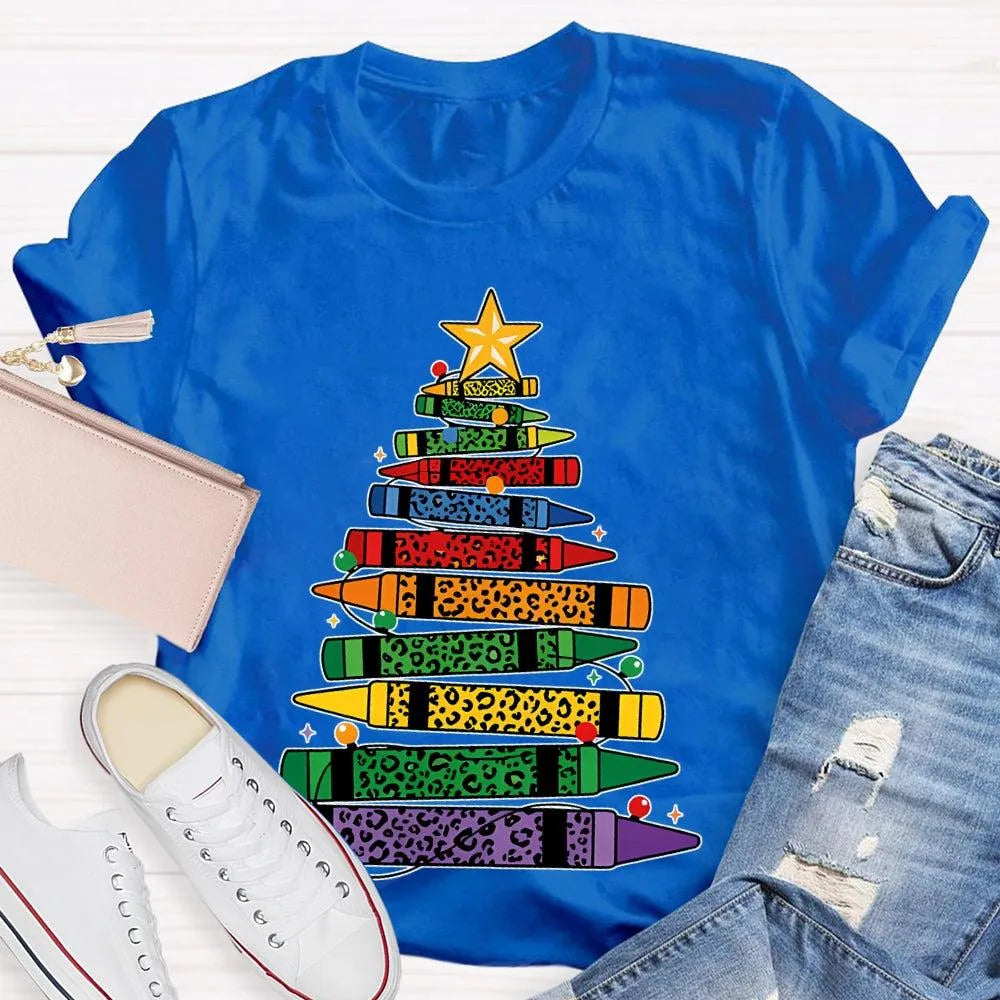 Art Teacher T-Shirt, Colored Pencils Leopard Christmas Tree Shirt, Holiday Graphic Tee, Festive Art Teacher Shirt, Christmas 