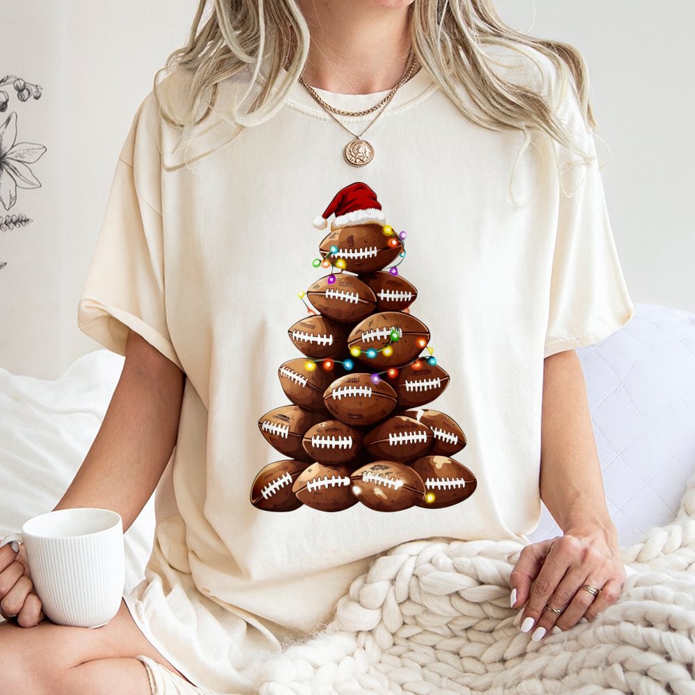 Sporty Holiday Graphic Tee, Football Christmas Tree T-Shirt, Festive Football Season Shirt, Christmas Lights Football Shirt, 