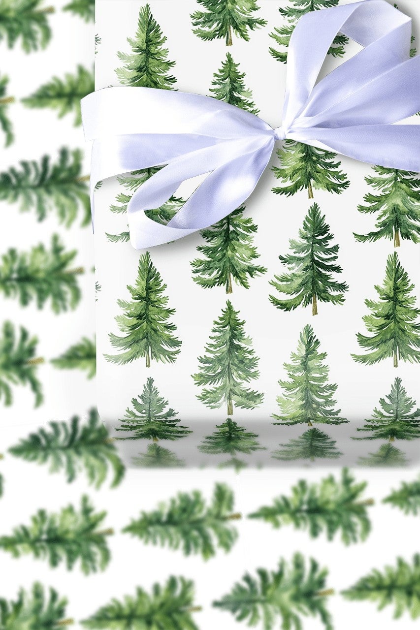Rustic Woodland Gift Wrap, Watercolor Pine Tree Wrapping Paper, Evergreen Forest Wrapping Paper, Winter Holiday Christmas Gif