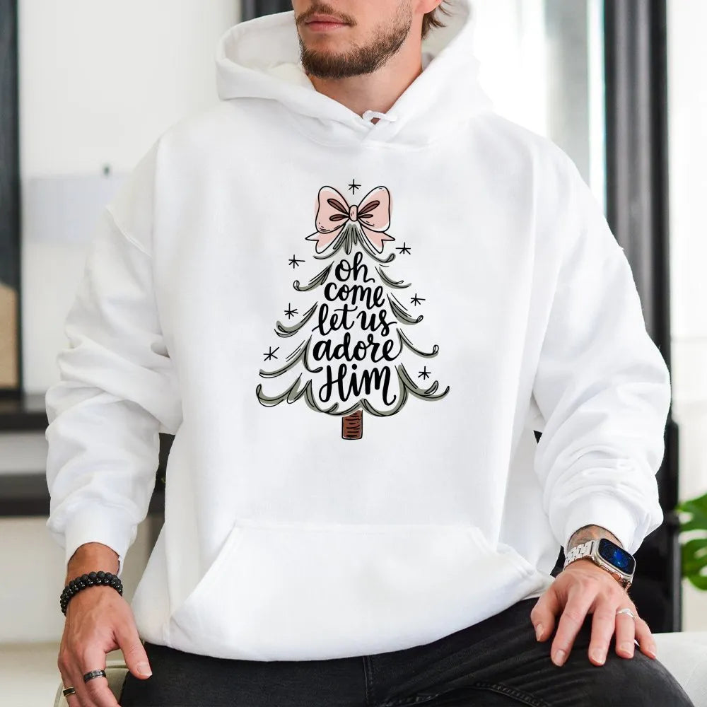 Christian Christmas Tree Hoodie, Oh Come Let Us Adore Him Hoodie, Religious Holiday Sweatshirt, Faith Based Xmas Pullover Hoo