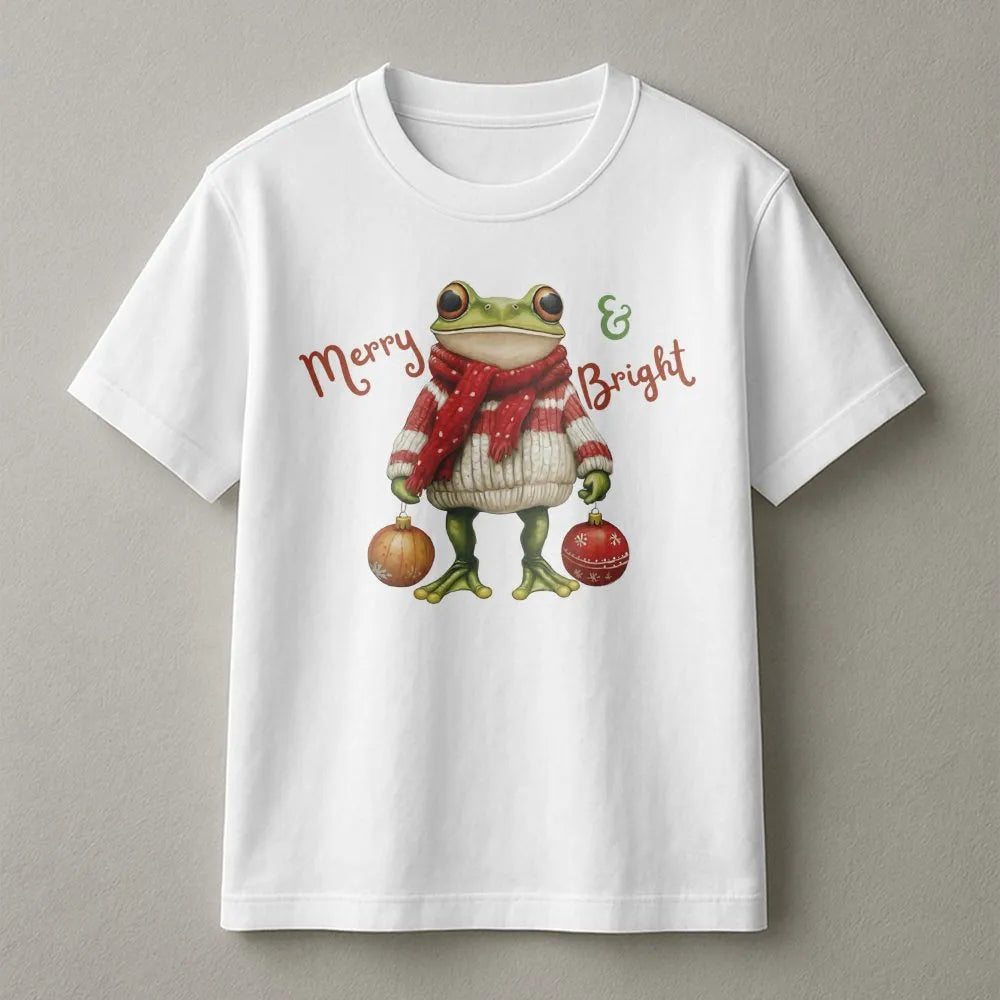 Festive Toad Graphic Tee, Merry and Bright Christmas Frog Shirt, Retro Christmas Frog T-Shirt, Adorable Animal Xmas Tee, Holi
