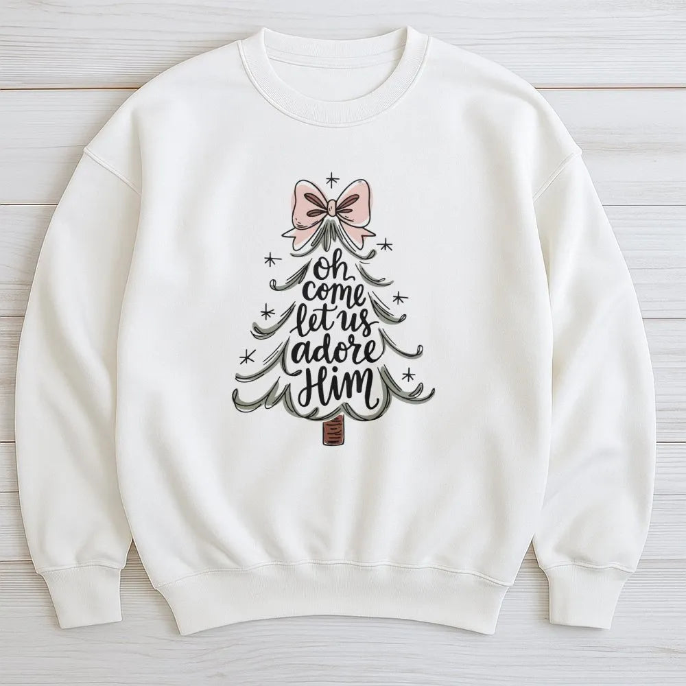Christian Christmas Sweatshirt, Oh Come Let Us Adore Him Sweatshirt, Religious Christmas Tree Crewneck, Faith Christmas Sweat
