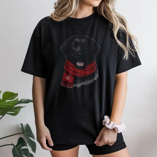 Adorable Dog in Red Scarf Graphic Tee, Black Labrador Christmas T-Shirt, Black Lab Holiday Dog Lover Shirt, Winter Xmas Dog O