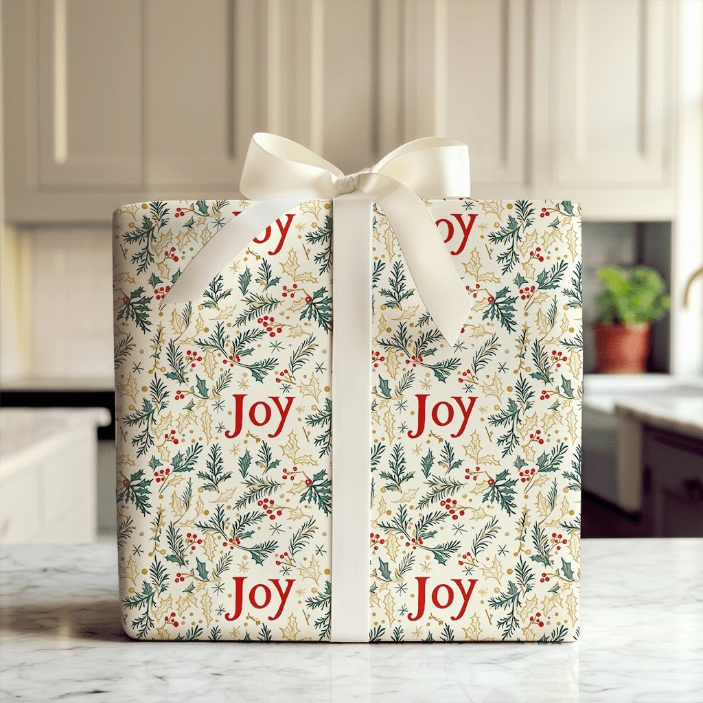 Evergreen Foliage Gift Wrap, Joy Holly Berry Christmas Wrapping Paper, Botanical Holiday Wrapping Paper, Elegant Winter Gift 