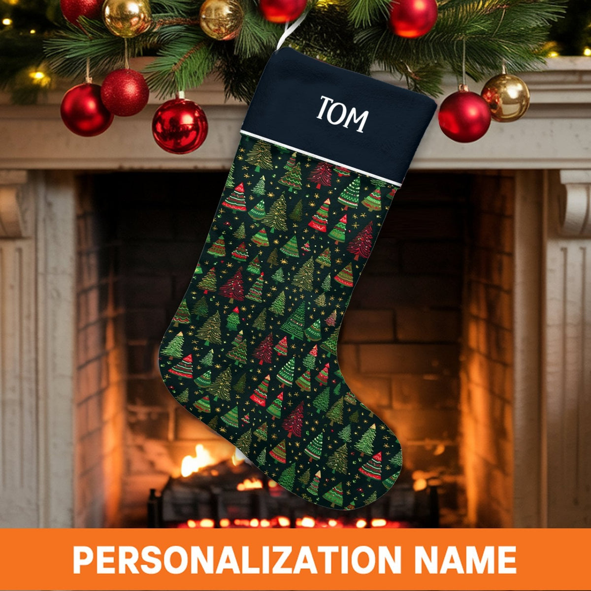Custom Name Holiday Stocking, Personalized Christmas Tree Stocking, Festive Pattern Xmas Stocking, Comfy Winter Fireplace Man