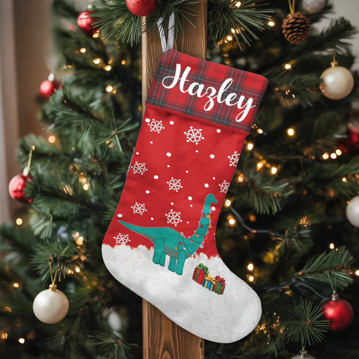 Plaid Cuff Holiday Dino Stocking, Personalized T-Rex Dinosaur Christmas Stocking, Custom Name Kids Xmas Stocking, Festive Fam