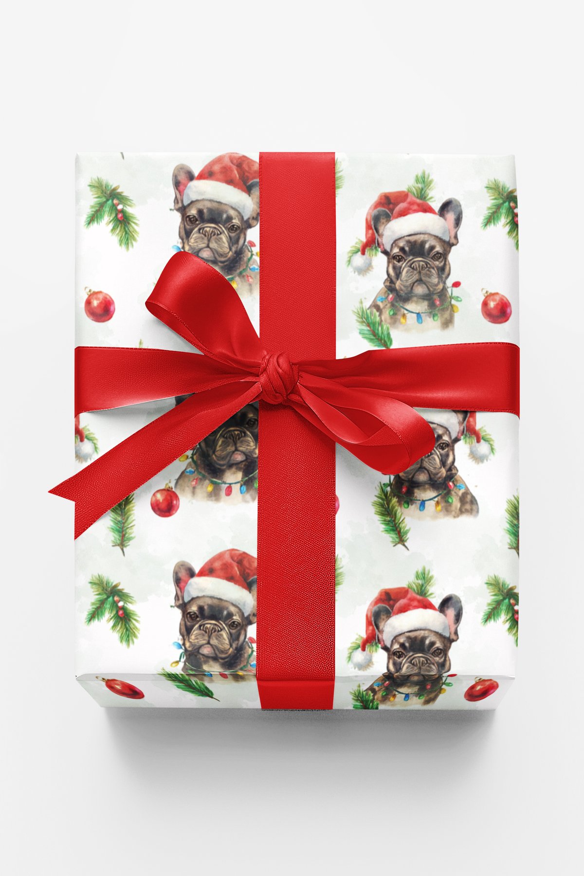Santa Hat Dog Wrapping Paper, French Bulldog Christmas Wrapping Paper, Frenchie Holiday Gift Wrap, Dog Lover Wrapping Paper, 