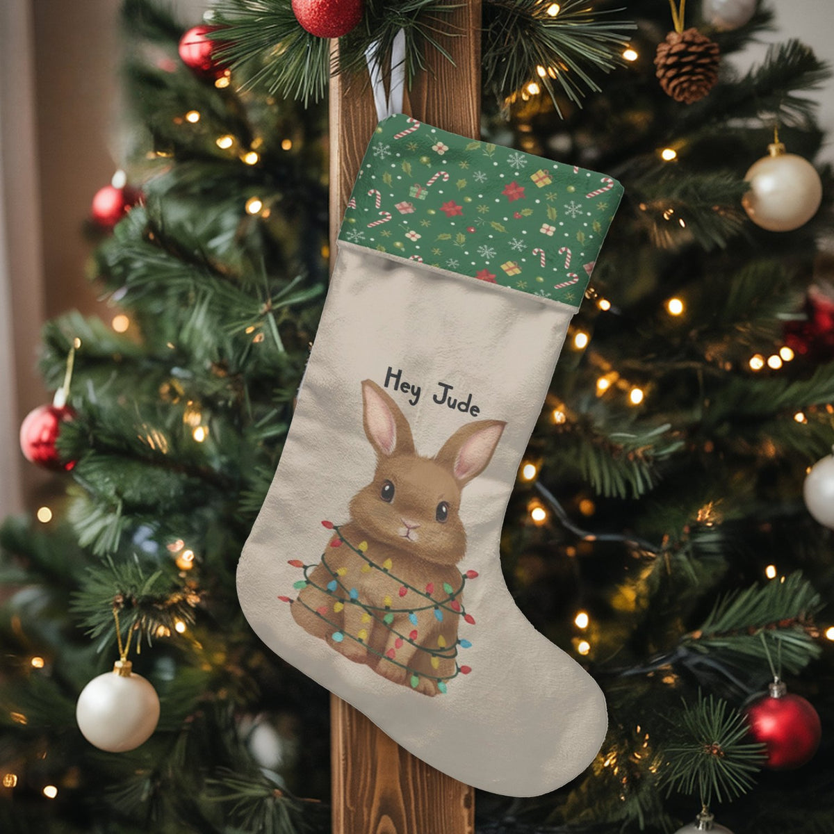 Adorable Rabbit Fairy Lights Stocking, Personalized Bunny Christmas Stocking, Custom Name Holiday Stocking, Kids Xmas Firepla