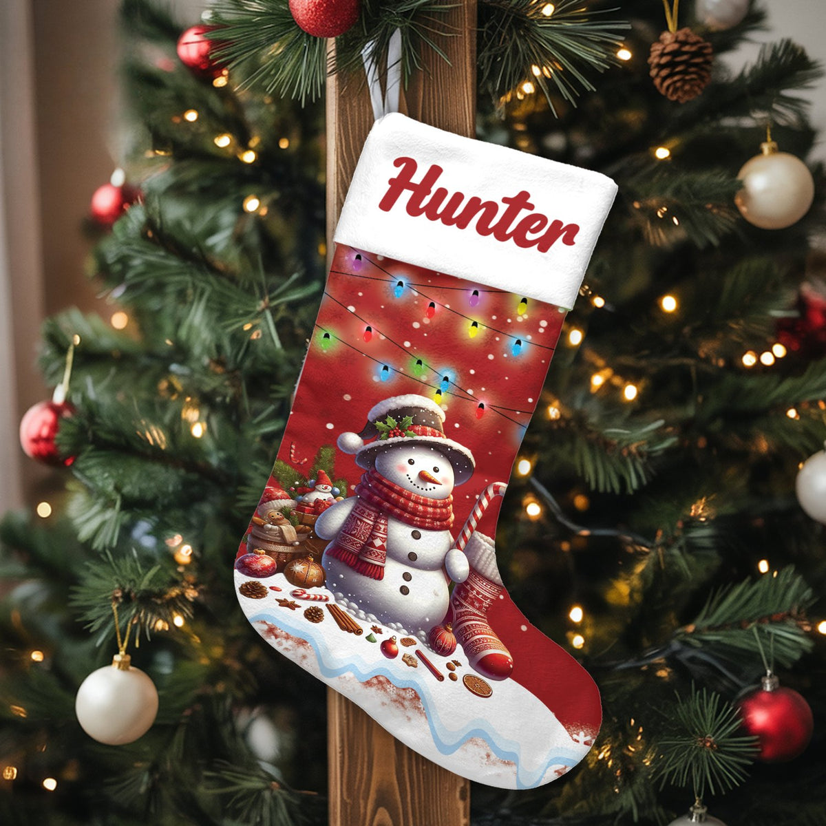 Custom Name Xmas Stocking, Personalized Snowman Christmas Stocking, Festive Holiday Lights Stocking, Winter Fireplace Decor, 
