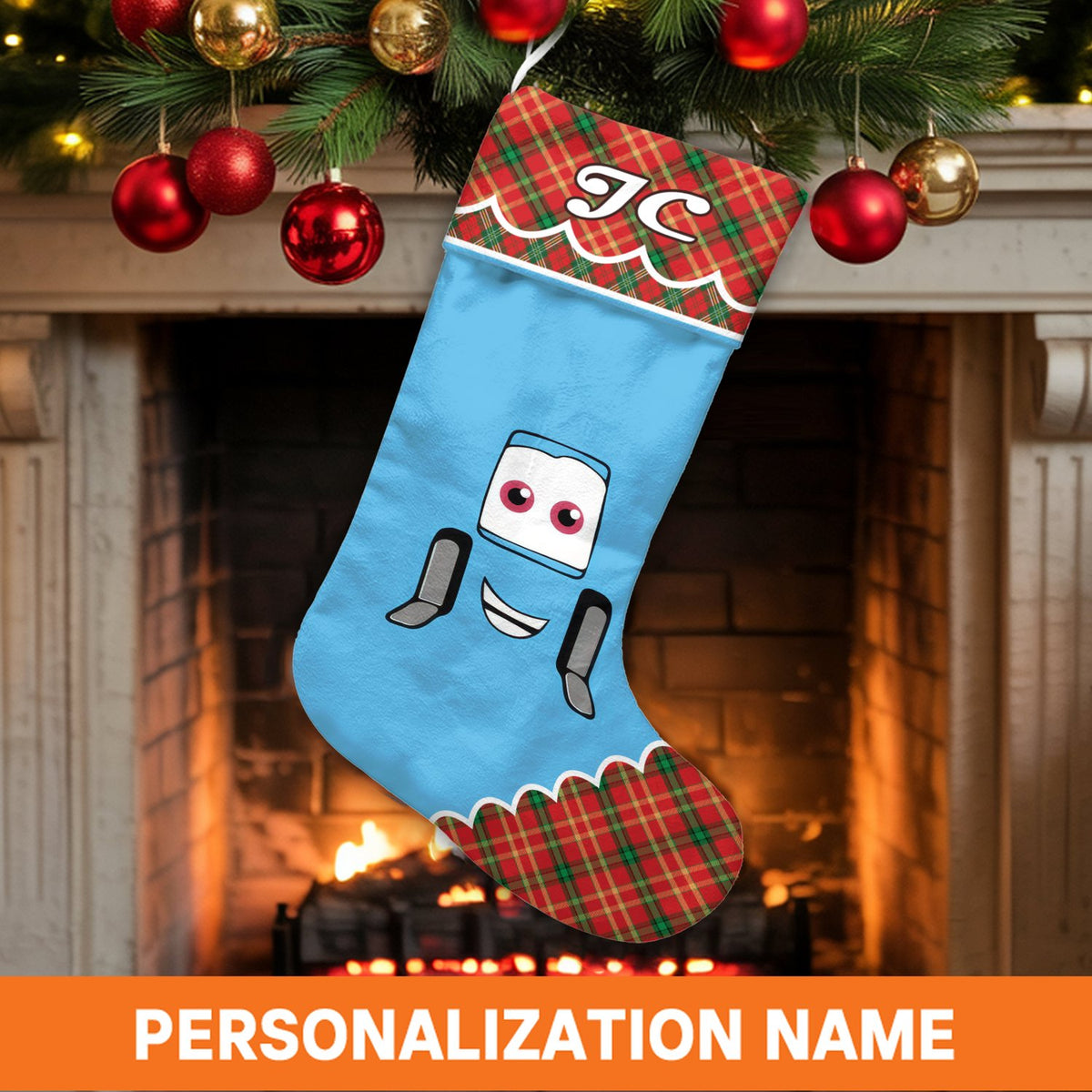 Personalized Plaid Christmas Stocking, Cartoon Car Christmas Stocking, Tartan Kids Holiday Stocking, Custom Name Christmas St