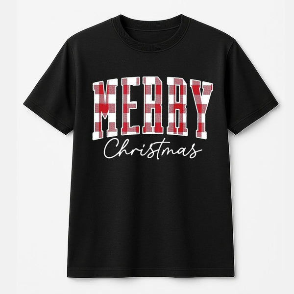Red Plaid Buffalo Check Holiday Tee, Merry Christmas T-Shirt, Vintage Festive Typography Graphic Shirt, Comfy Xmas Apparel Pr