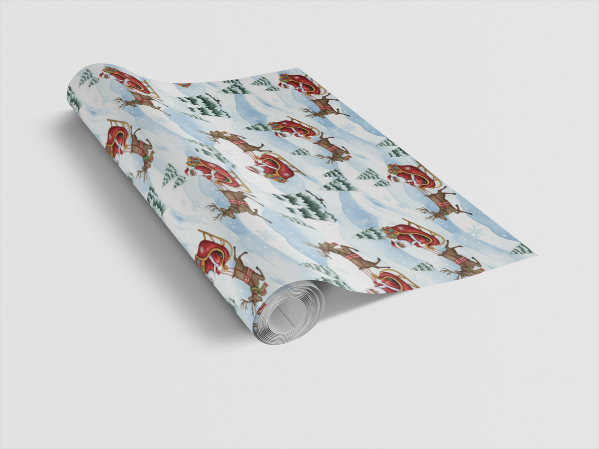 Snowy Wonderland Gift Wrap, Santa and Reindeer Wrapping Paper, Christmas Sleigh Present Paper, Winter Reindeer Wrapping Paper