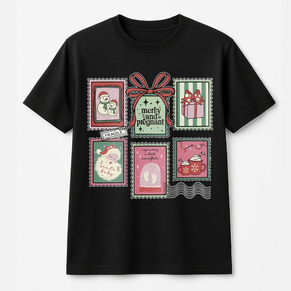 Vintage Holiday Stamp Graphic Tee, Merry and Pregnant Christmas T-Shirt, Adorable Pregnancy Reveal Shirt, Expecting Mom Xmas 