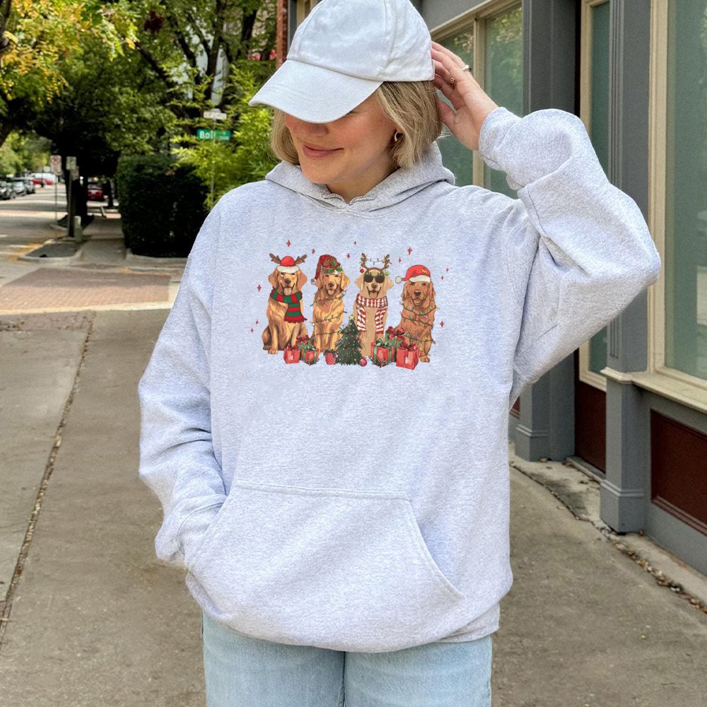 Adorable Dog Mom Holiday Hoodie, Golden Retriever Christmas Hoodie, Santa Dog Winter Hooded Sweatshirt, Festive Pet Lover Pul