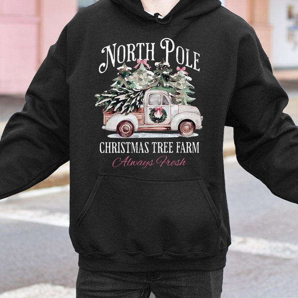 Vintage Rustic Truck Holiday Sweatshirt, North Pole Christmas Tree Farm Hoodie, Comfy Winter Xmas Pullover, Family Holiday Pr