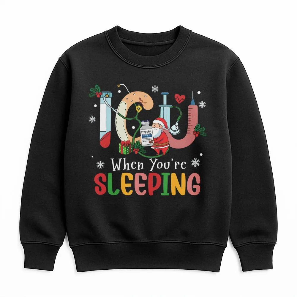 Humorous Santa Medical Holiday Sweater, ICU Nurse Christmas Sweatshirt, Intensive Care RN Crewneck, Healthcare Worker Xmas Pu