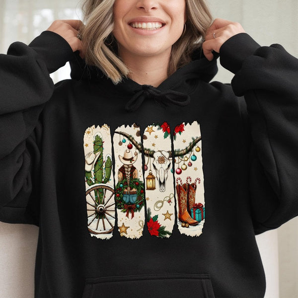 Cowgirl Holiday Graphic Sweatshirt, Western Christmas Boots Hoodie, Festive Rodeo Xmas Tree Pullover, Southern Christmas Pres