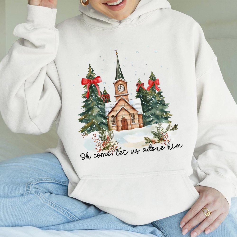 Watercolor Church Christmas Hooded Sweatshirt, Oh Come Let Us Adore Him Hoodie, Christian Holiday Sweater, Religious Faith Ch