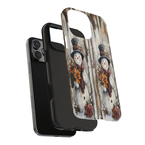 Vintage Rustic Christmas Snowman Phone Case, Snowman Phone Case for iPhone, Winter Poinsettia Wood iPhone Cover, Holiday Pres