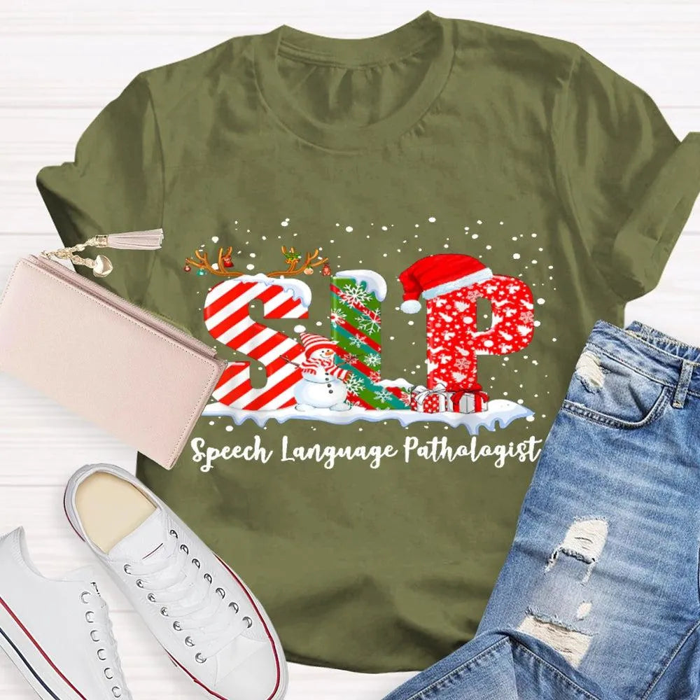 Speech Language Pathologist Tee, SLP Snowman Christmas Shirt, Holiday Speech Therapist T-Shirt, Winter SLP Graphic Tee, Speec