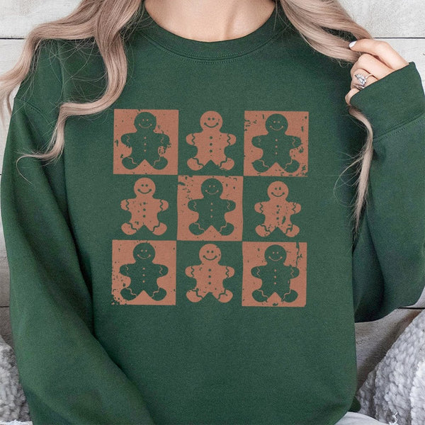 Retro Checkered Holiday Sweater, Gingerbread Man Sweatshirt, Adorable Xmas Gingerbread Pullover, Comfy Winter Crewneck, Chris