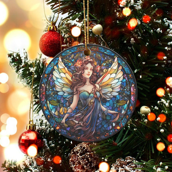 Fantasy Fairy Ceramic Ornament, Stained Glass Fairy Christmas Ornament, Stained Glass Fairy Decor, Magical Tree Ornament, Fai