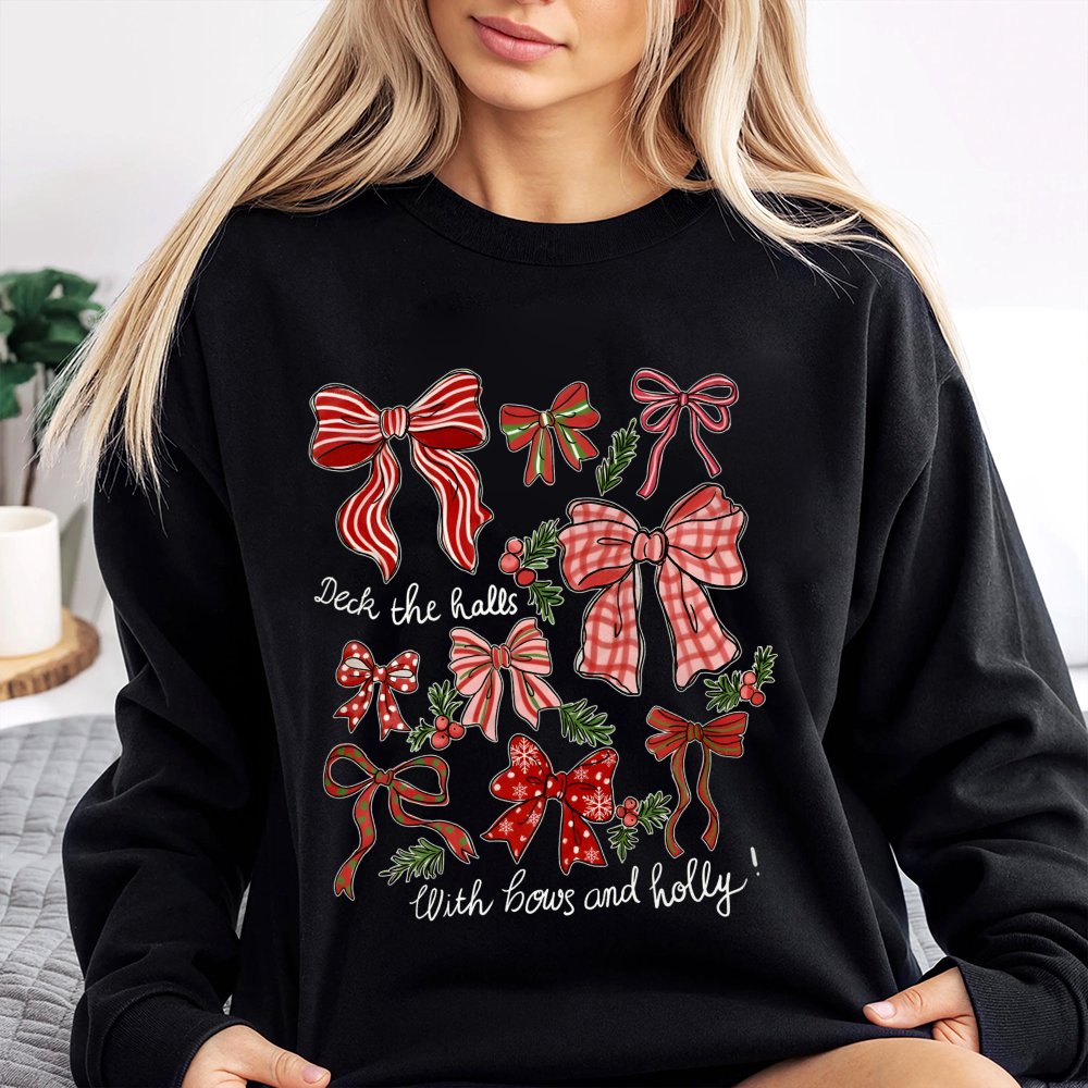 Deck the Halls Sweatshirt, Christmas Bows Sweatshirt, Coquette Holiday Bow Sweatshirt, Retro Winter Graphic Sweater, Christma