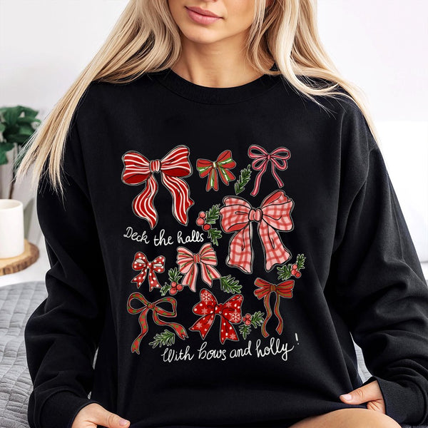 Deck the Halls Sweatshirt, Christmas Bows Sweatshirt, Coquette Holiday Bow Sweatshirt, Retro Winter Graphic Sweater, Christma