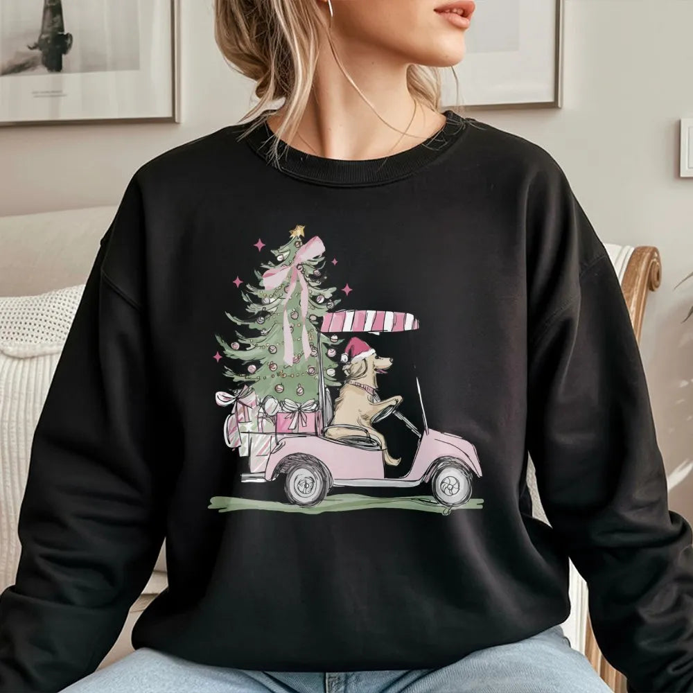 Holiday Dog Lover Sweatshirt, Golden Retriever Golf Cart Christmas Sweatshirt, Adorable Xmas Puppy Sweatshirt, Golfer Crewnec