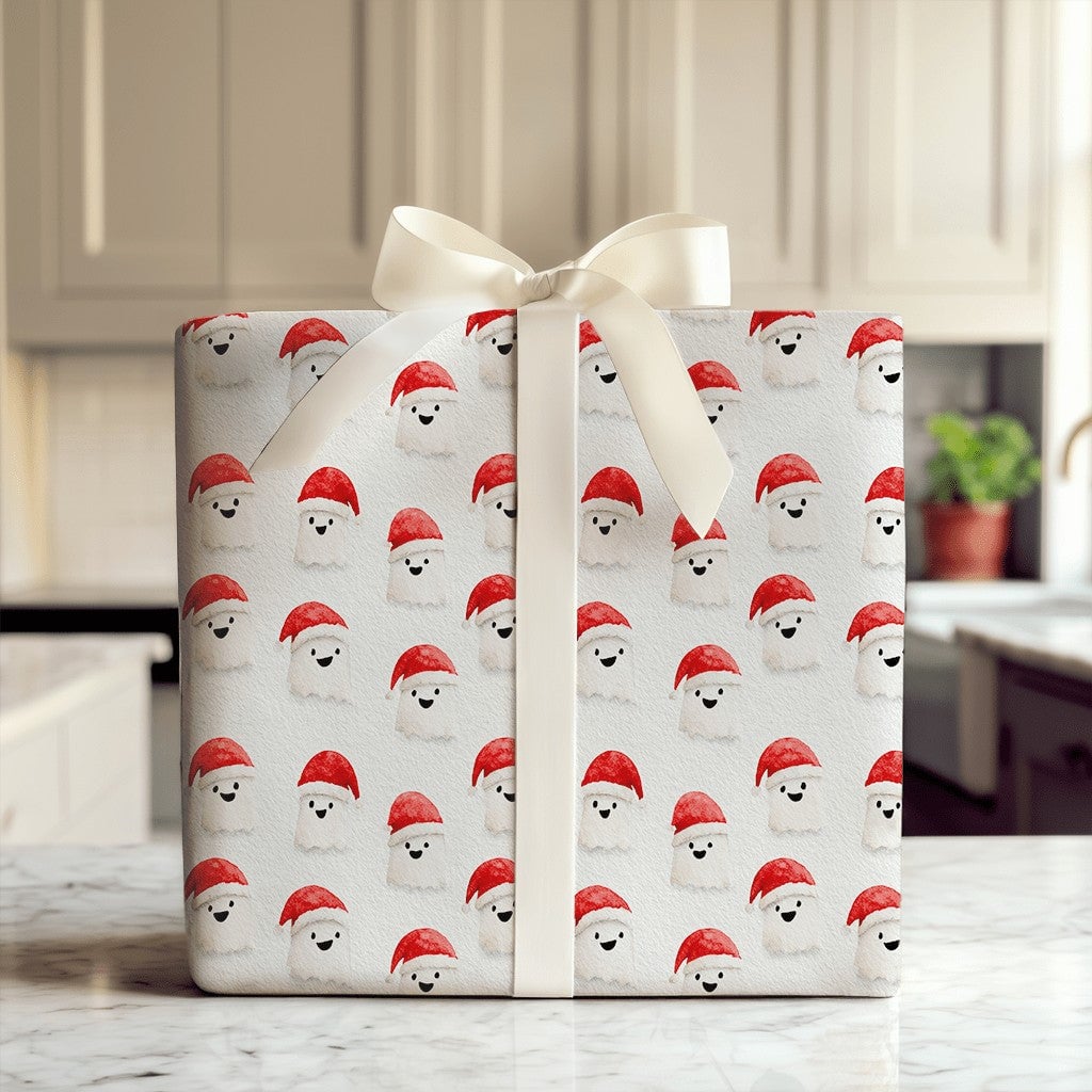 Spooky Santa Hat Gift Wrap, Christmas Ghost Wrapping Paper, Adorable Watercolor Ghost Holiday Wrapping Paper, Whimsical Winte