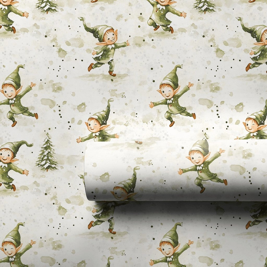 Watercolor Christmas Elves Gift Wrap, Dancing Elves Wrapping Paper, Festive Pine Tree Holiday Paper Roll, Adorable Elf Xmas W
