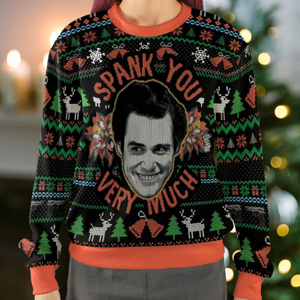 Humorous Holiday Party Sweater, Spank You Very Much Ugly Christmas Sweatshirt, Retro Comedy Quote Xmas All Over Print Crewnec