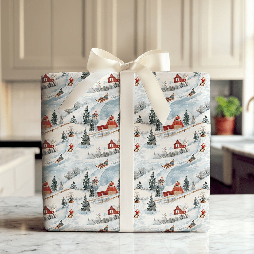 Rustic Red Barn Christmas Gift Wrap, Winter Sledding Wrapping Paper, Country Snow Scene Wrapping Paper, Festive Holiday Prese
