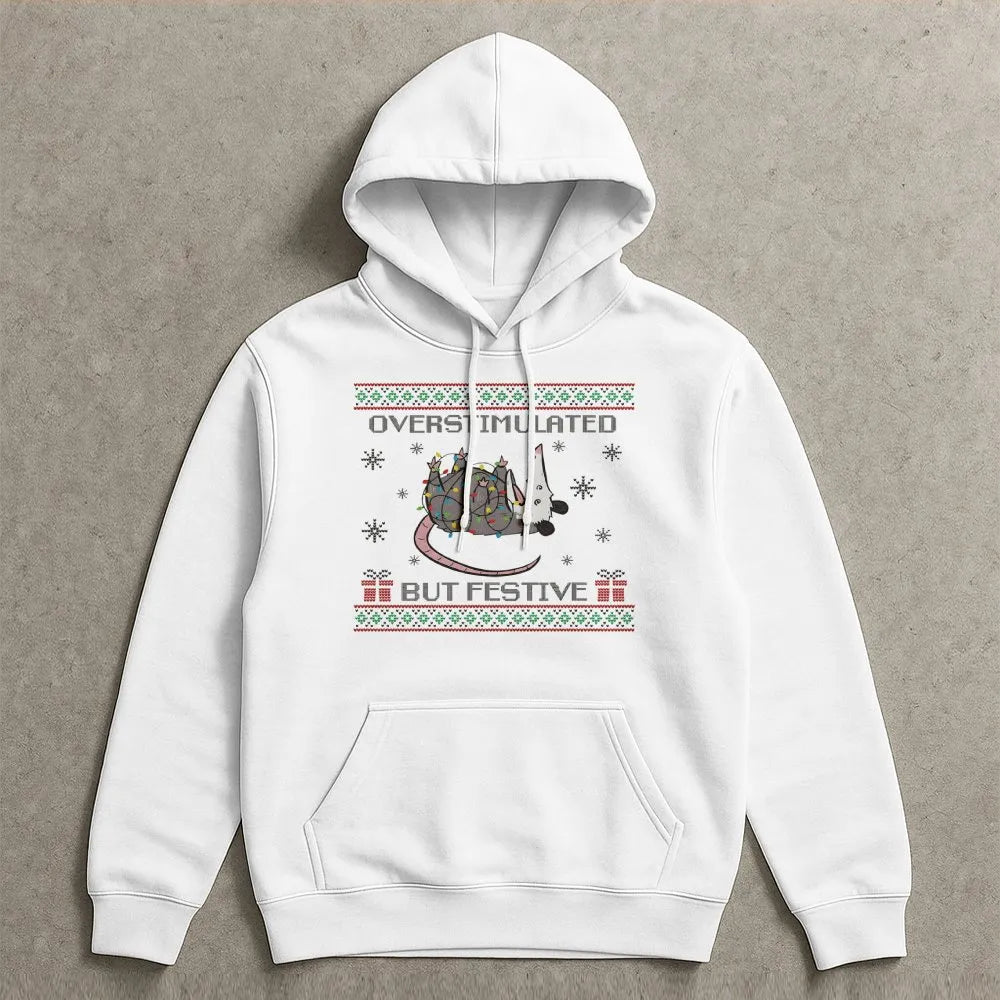 Humorous Christmas Lights Sweatshirt, Overstimulated but Festive Possum Hoodie, Quirky Holiday Pullover, Adorable Possum Wint