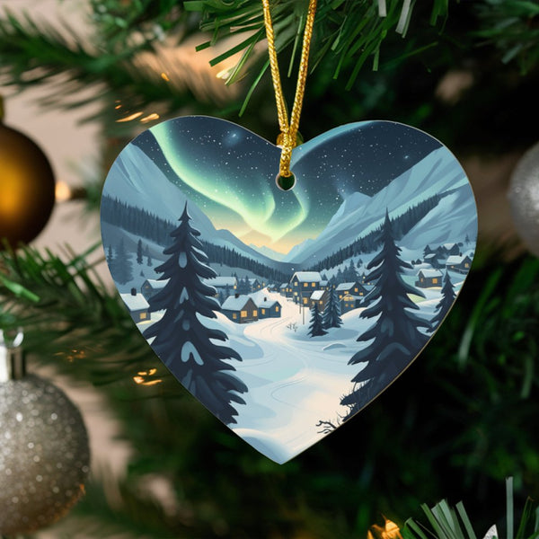 Snowy Winter Village Ceramic Keepsake, Northern Lights Heart Ornament, Aurora Landscape Tree Ornament, Christmas Holiday Orna