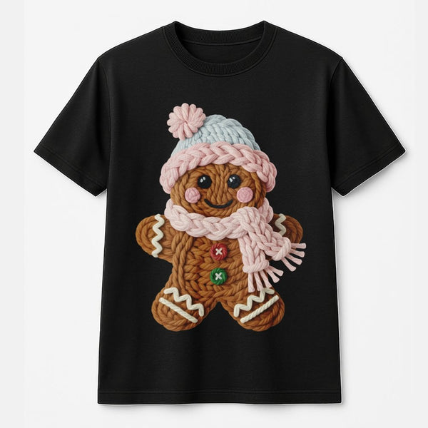 Faux Yarn Gingerbread Shirt, Knitted Gingerbread Man T-Shirt, Adorable Holiday Graphic Tee, Festive Christmas Gingerbread T-S