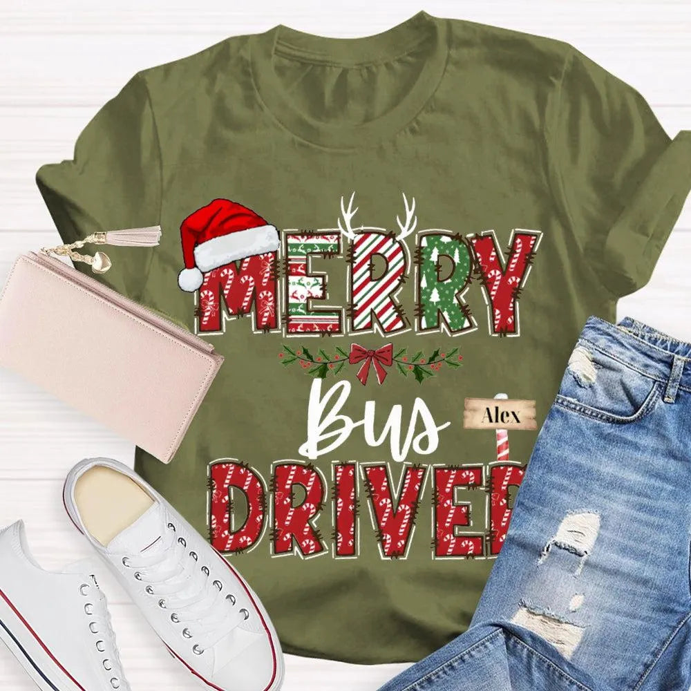 Custom Santa Hat Holiday Graphic Tee, Personalized Bus Driver Christmas T-Shirt, Merry Christmas Driver Shirt, Adorable Xmas 